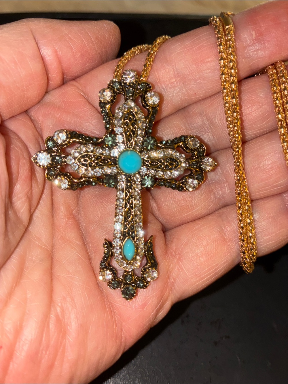 Filigree Cross Pendant Necklace with Turquoise Accents And Also A Brooch 2 In 1